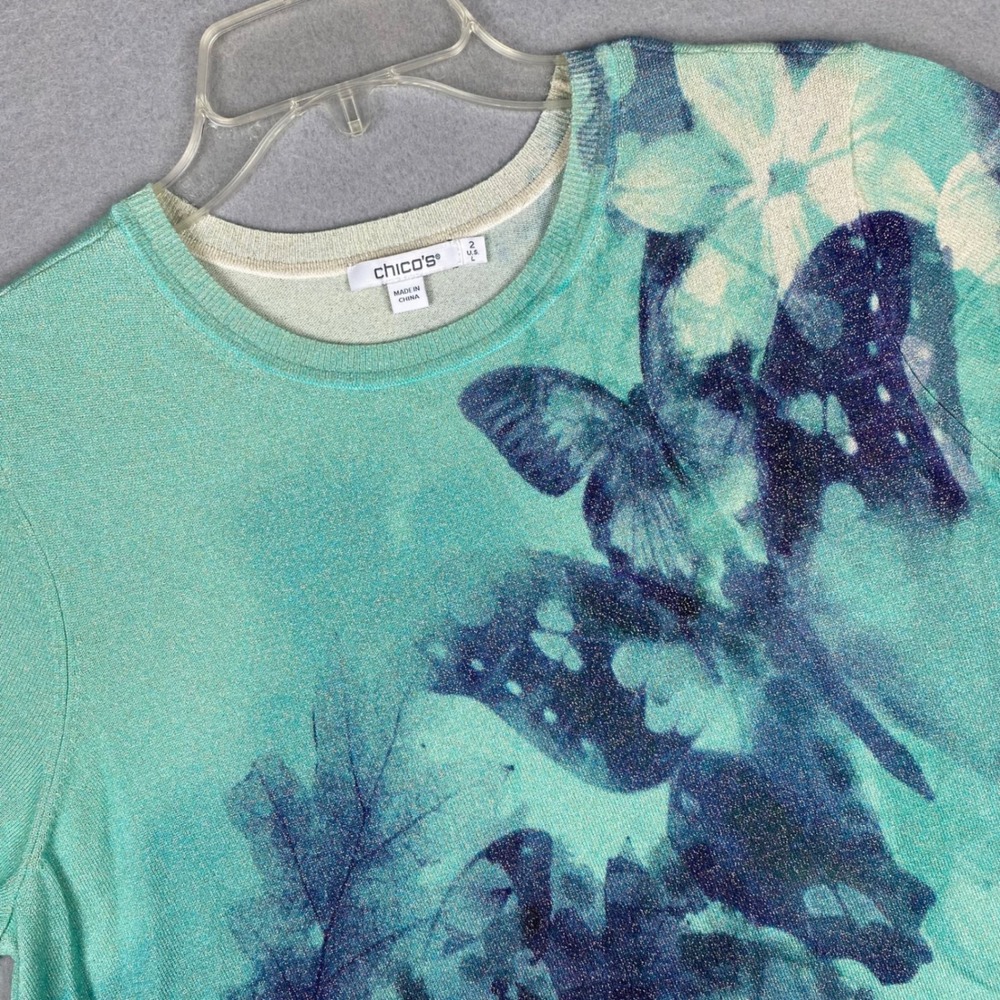 Chicos Knit Short Sleeve Butterfly Floral Sweater Top Aqua Blue Size 2 Large